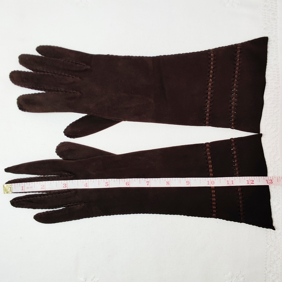 Designer Brown Suede Leather Gloves, Evening Wear New Condition Vintage - Picture 8 of 10